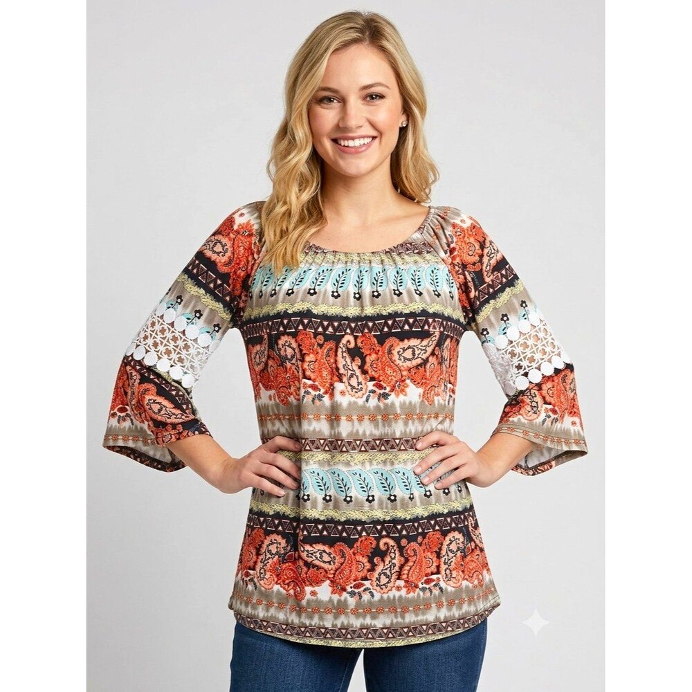 WinWin Womens Tunic Top L XL Multicolor Paisley 3/4 Bell Sleeve Lace Crochet